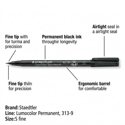 Staedtler Lumocolor Permanent S Fine marker, black, with operational feature callouts.