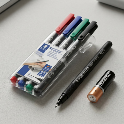 A scale visualization image showing a pack of four STAEDTLER permanent marker pens, with one pen from the pack placed horizontally beside a standard AA battery for size comparison on a grey desk surface.