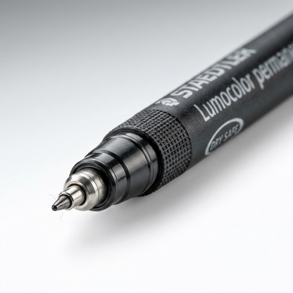 Extreme macro showing STAEDTLER permanent marker metal-clad super-fine nip and cap alignment.