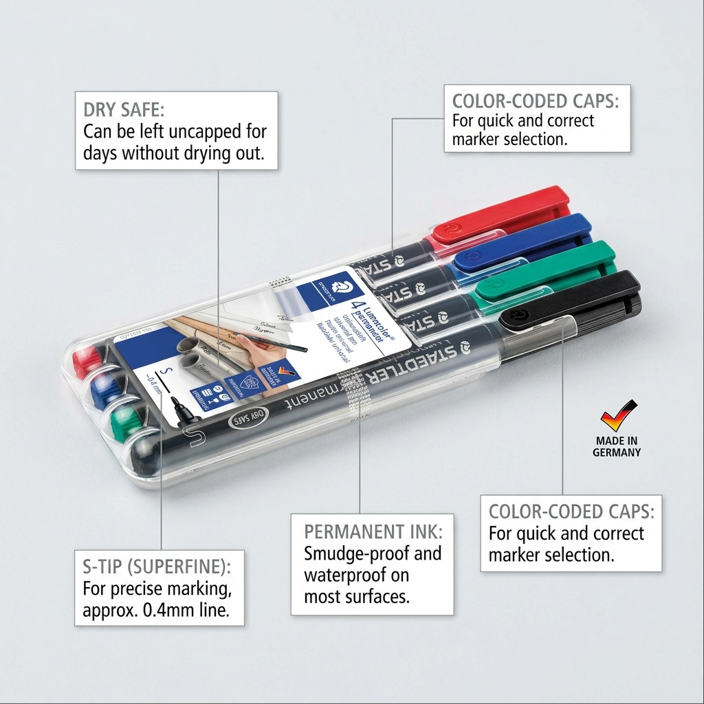 Operational feature callout graphic for STAEDTLER permanent marker set, highlighting key product specifications.