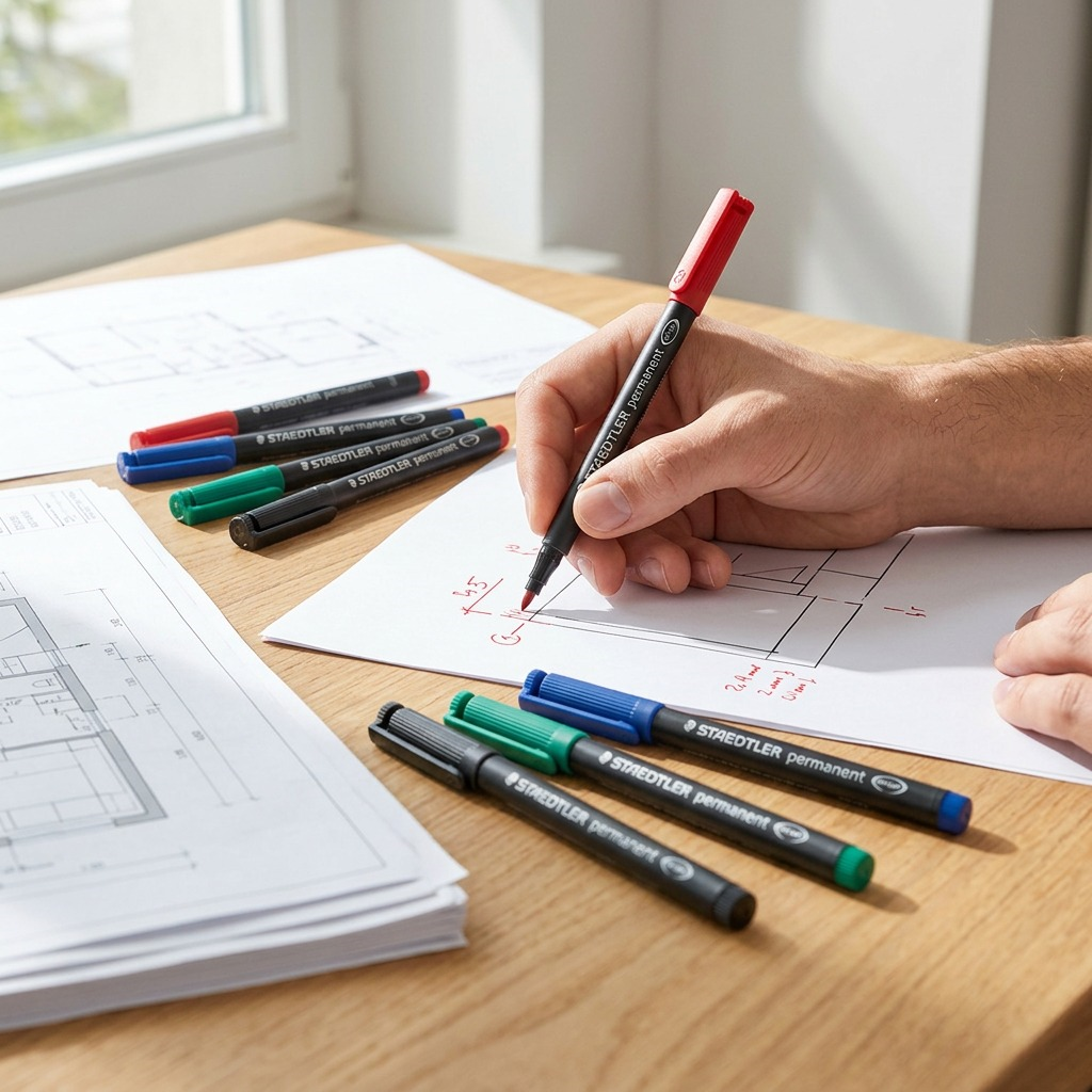 A close-up photograph of a user holding the red STAEDTLER permanent marker from the pack over an technical drawing on paper, with loose, colorful pen traces.