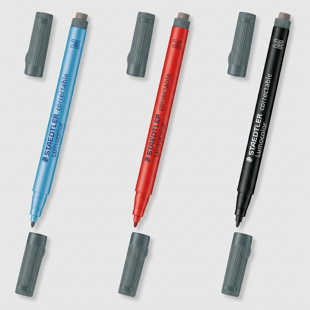 A visual comparison matrix grid for the Staedtler correctable whiteboard marker, showcasing the original blue marker, a red variant, and a black variant, each displayed with its respective cap and cap eraser in a consistent product shot format.