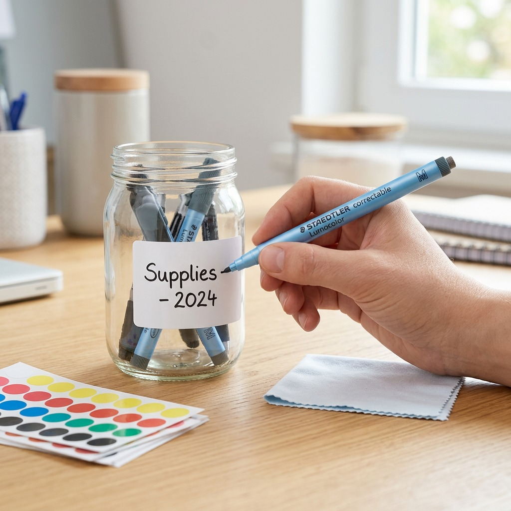 A close-up photograph of the STAEDTLER Lumocolor correctable marker being used to write on a white label attached to a product in a professional workspace.