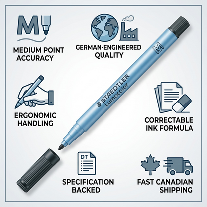 Infographic matrix highlighting the reliability and factual features of the STAEDTLER Lumocolor M marker.