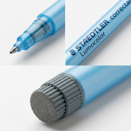 Macro photos of the Staedtler correctable marker showing precision tip, branding, and endcap detail.