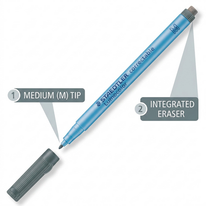 Product image with feature callouts for medium tip and integrated eraser.