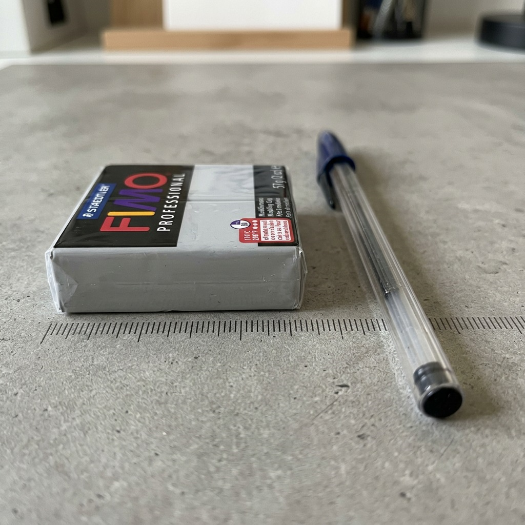 FIMO Professional Dolphin Gray clay brick shown to scale next to a blue Bic ballpoint pen on a concrete surface with measurement markings.