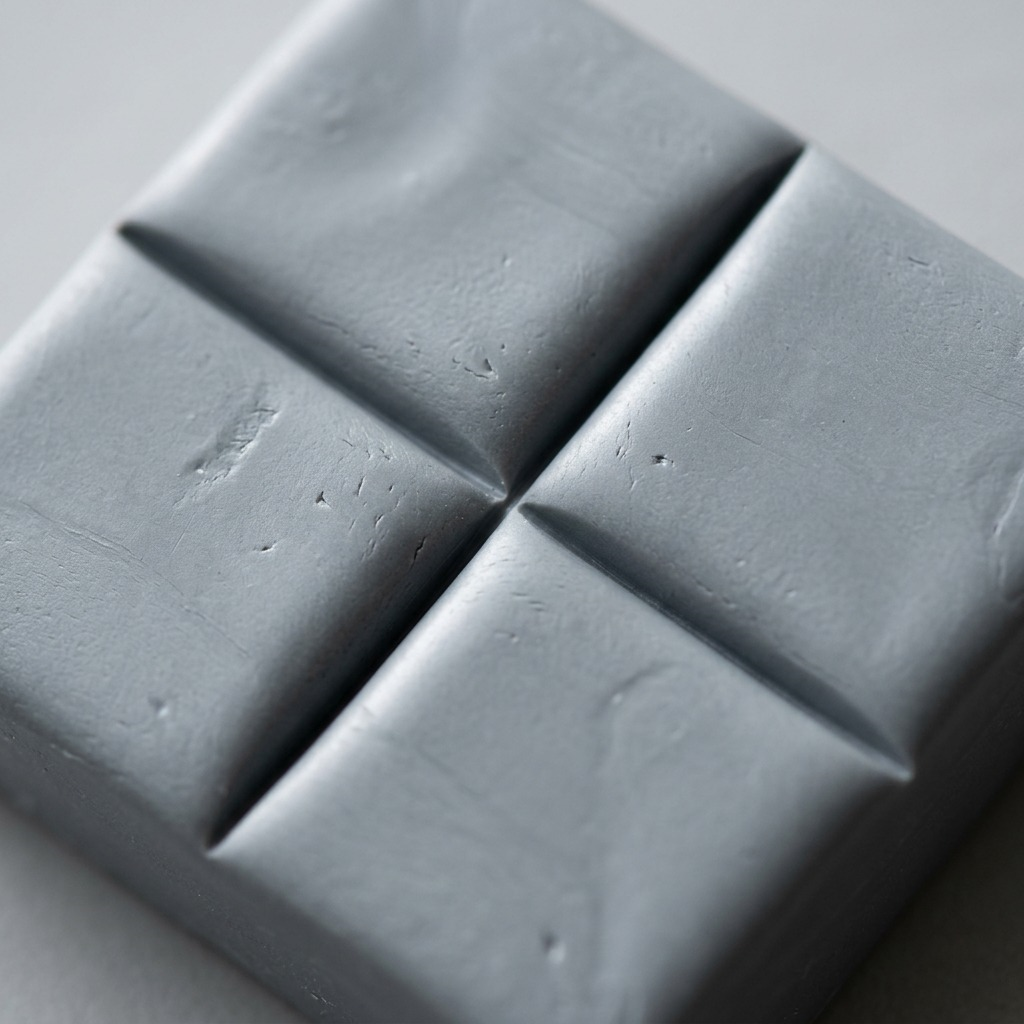 An essential close-up photograph showcasing the precise four-segment division of the grey Fimo Professional clay block.