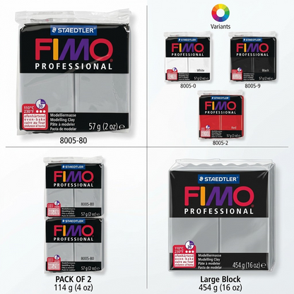An ecommerce product detail page image showing a three-part configuration matrix of Staedtler Fimo Professional 57g (2 oz) Dolphin Gray (8005-80), presenting the canonical product in its retail packaging from a front view and angled side/back views. The matrix is composed of three panels with clean white and light grey gradient backgrounds and realistic rendering.