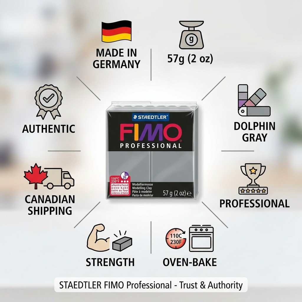 A visual matrix infographic for STAEDTLER FIMO Professional Dolphin Gray 57g (2 oz), highlighting factual cues and shipping information.