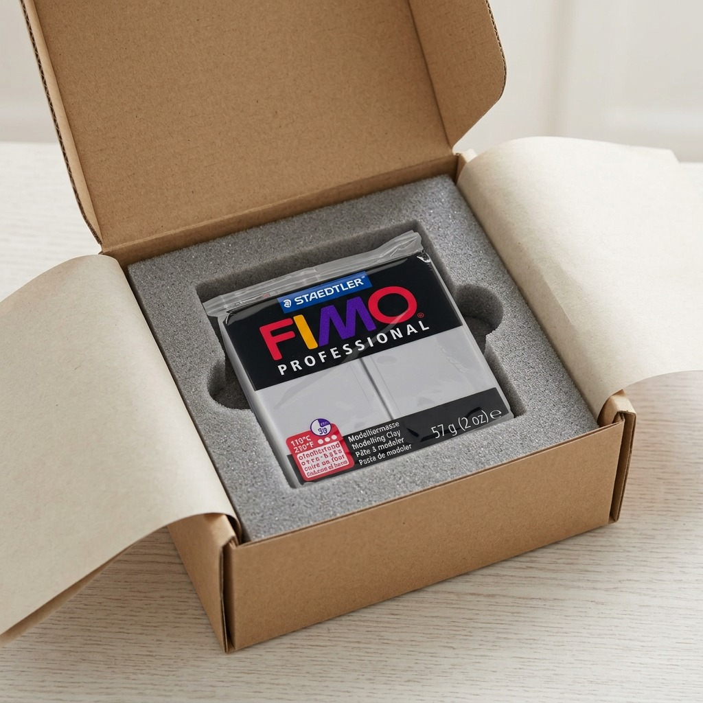 A neat delivery unboxing, with protective padding, centering the pristine Fimo Professional block.