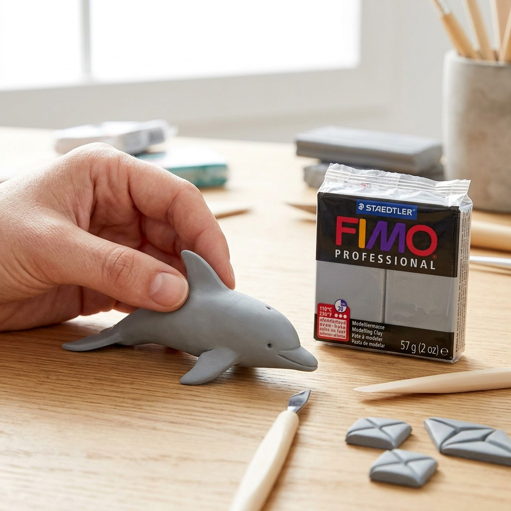 Close-up of a small sculpture of a geometric grey dolphin made from STAEDTLER Fimo Professional clay.