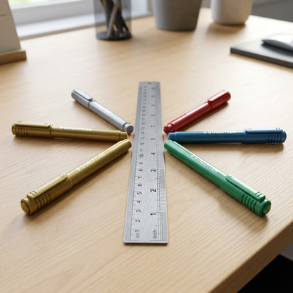 A scale reference image shows five STAEDTLER metallic markers from image_0.png arranged on a wooden desk alongside a centring metal ruler with imperial and metric markings, demonstrating their length is approximately 14 cm.
