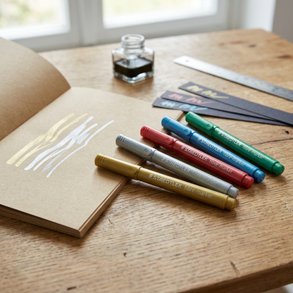 Five STAEDTLER metallic markers on a wooden desk near a notebook with metallic ink marks.