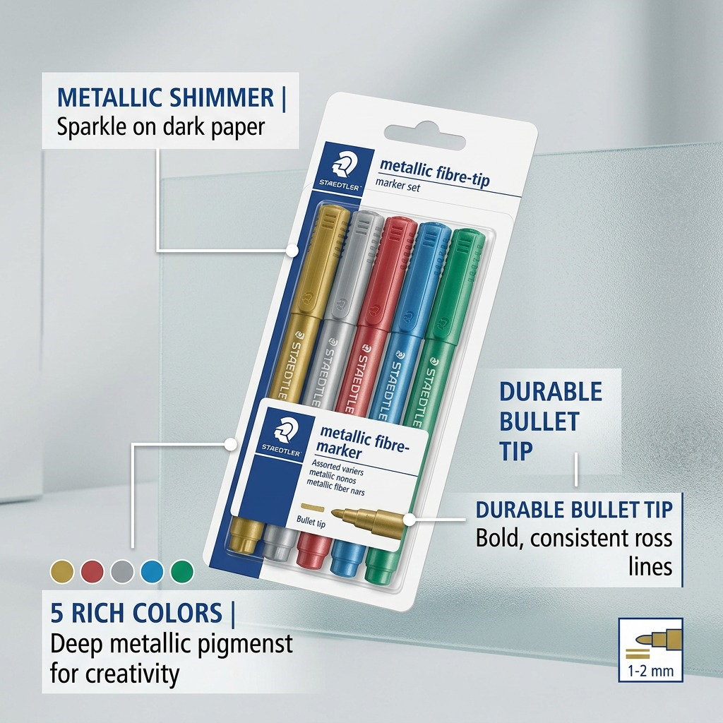 Feature callout graphic for STAEDTLER metallic pens, detailing benefits of ink, tip, and range, with clean pointers to the 5-pack blister.