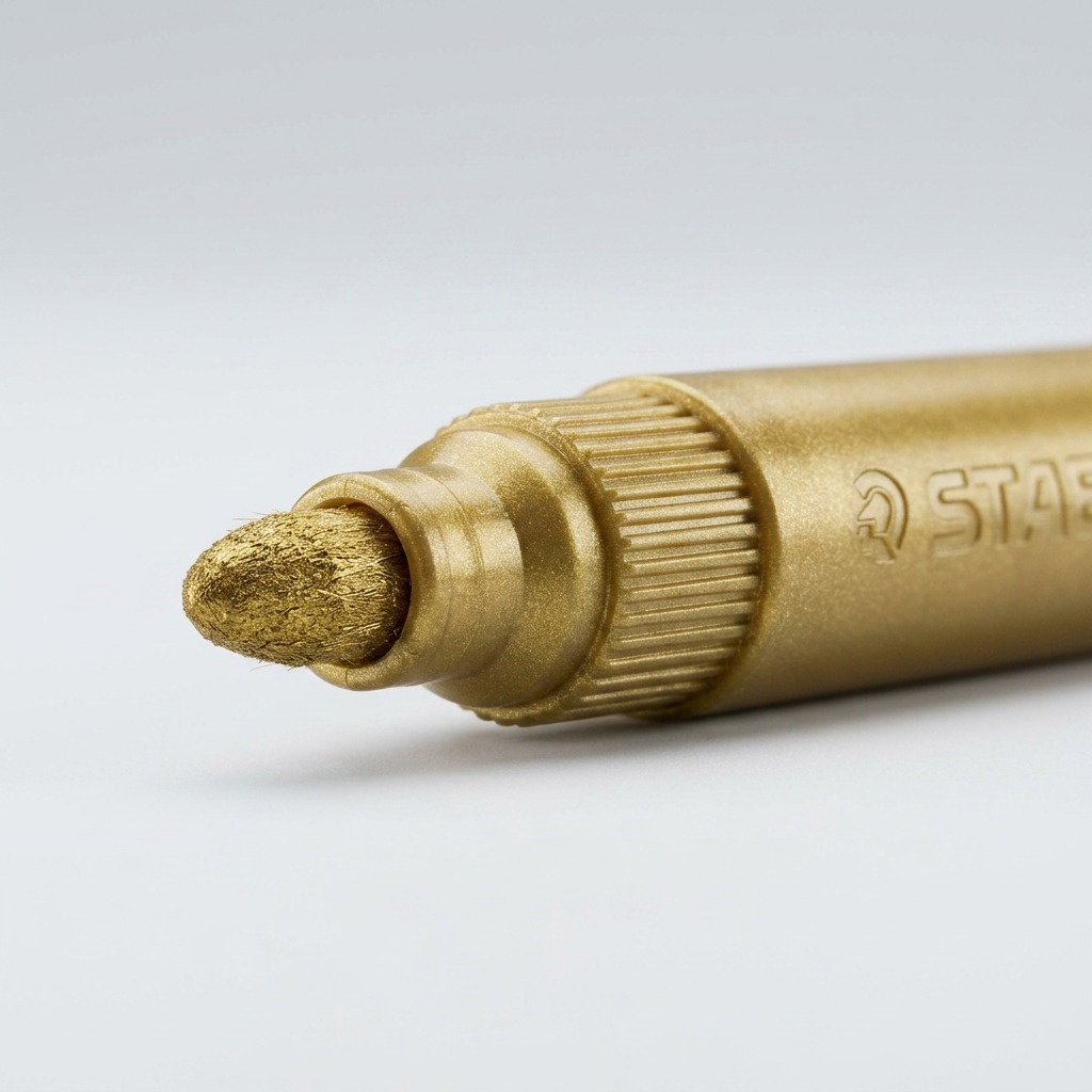 A close-up photograph of the fiber tip on a STAEDTLER metallic maker with ink visible on a surface.