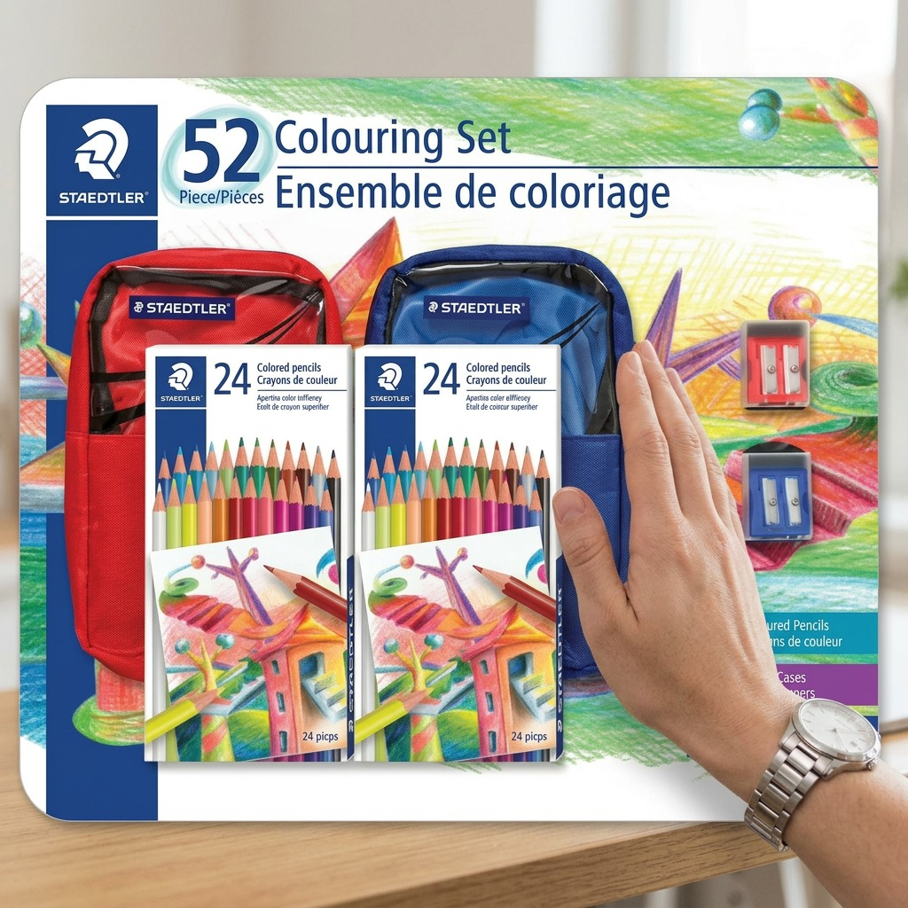 The STAEDTLER Coloring Set (52 pc) as depicted with its two full-colour pencil cases, two 24-packs of coloured pencils, and two double-hole sharpeners is pictured next to a human hand on a wooden desk to provide a realistic size reference.