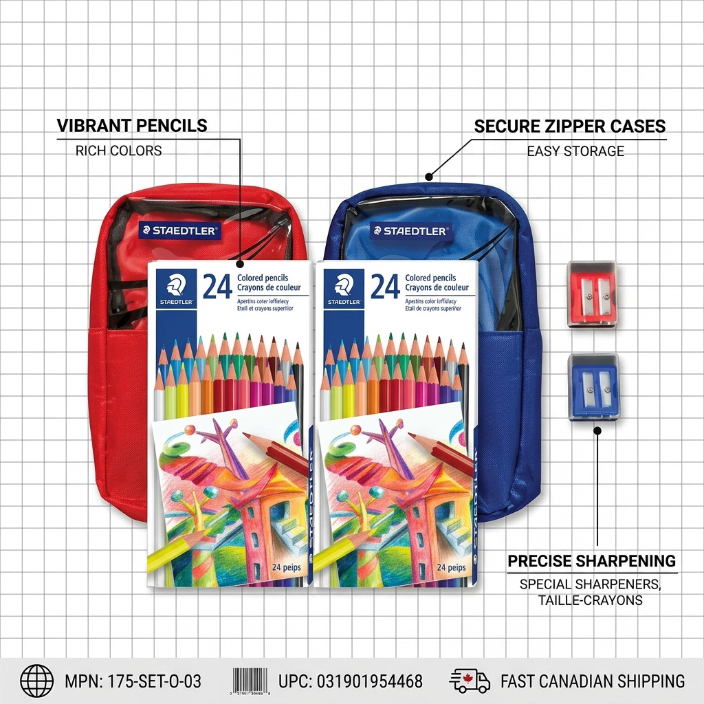 Operational callout image with labels for secure pencil cases and precise sharpening for the STAEDTLER coloring set.