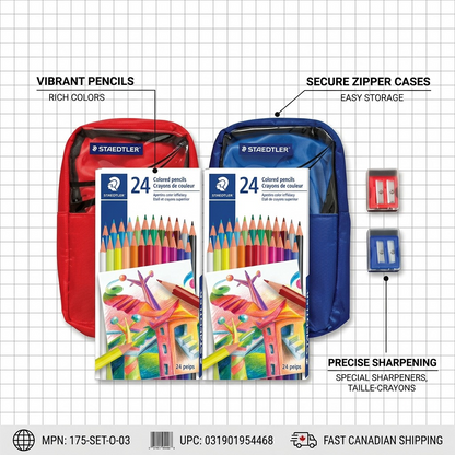 Operational callout image with labels for secure pencil cases and precise sharpening for the STAEDTLER coloring set.