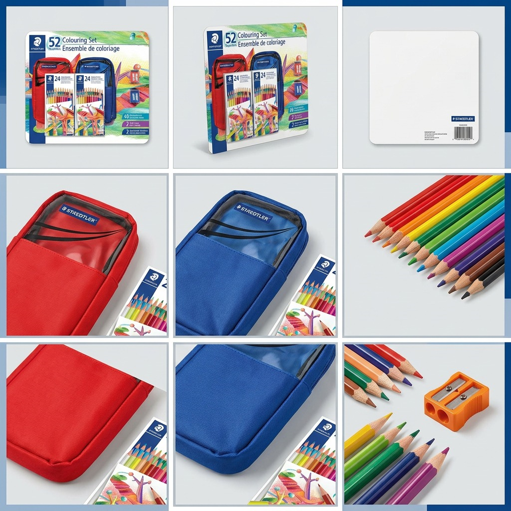 A six-way visual matrix showcasing the 52-piece colouring set from top, side, and rear angles, plus views of the red pencil case, blue pencil case, and sharpening/pencil details.