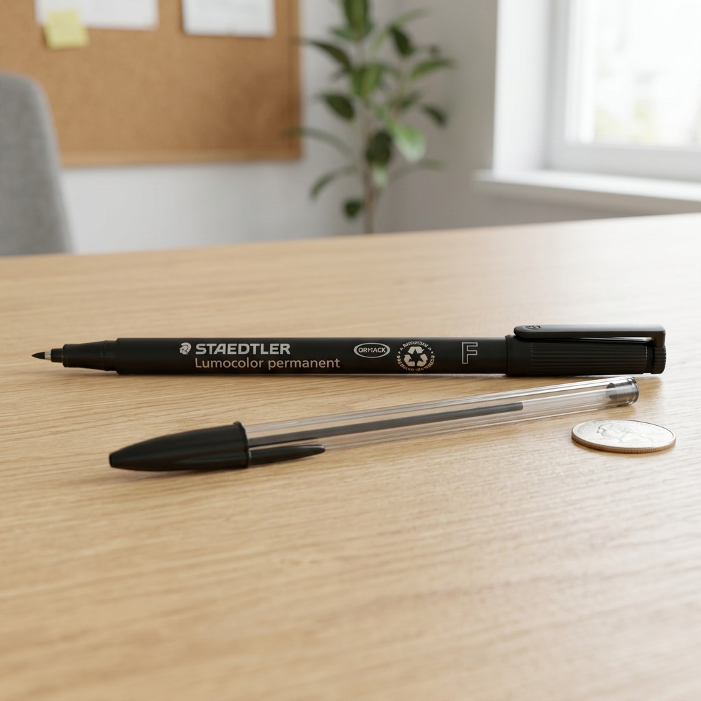 A photo of the STAEDTLER Lumocolor maker next to a standard ballpoint pen for size reference on a light wood desk.