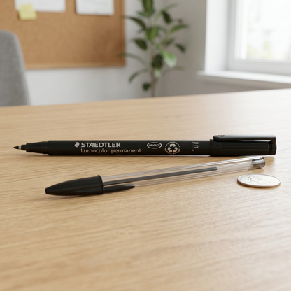 A photo of the STAEDTLER Lumocolor maker next to a standard ballpoint pen for size reference on a light wood desk.