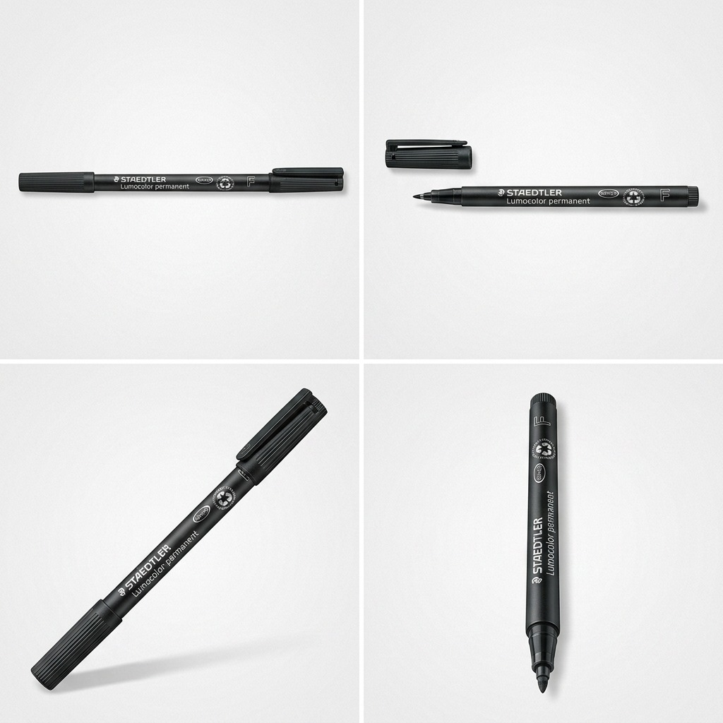 A configuration matrix showing four views of the black STAEDTLER permanent marker: with cap on, cap off, slanted, and tip detailed.