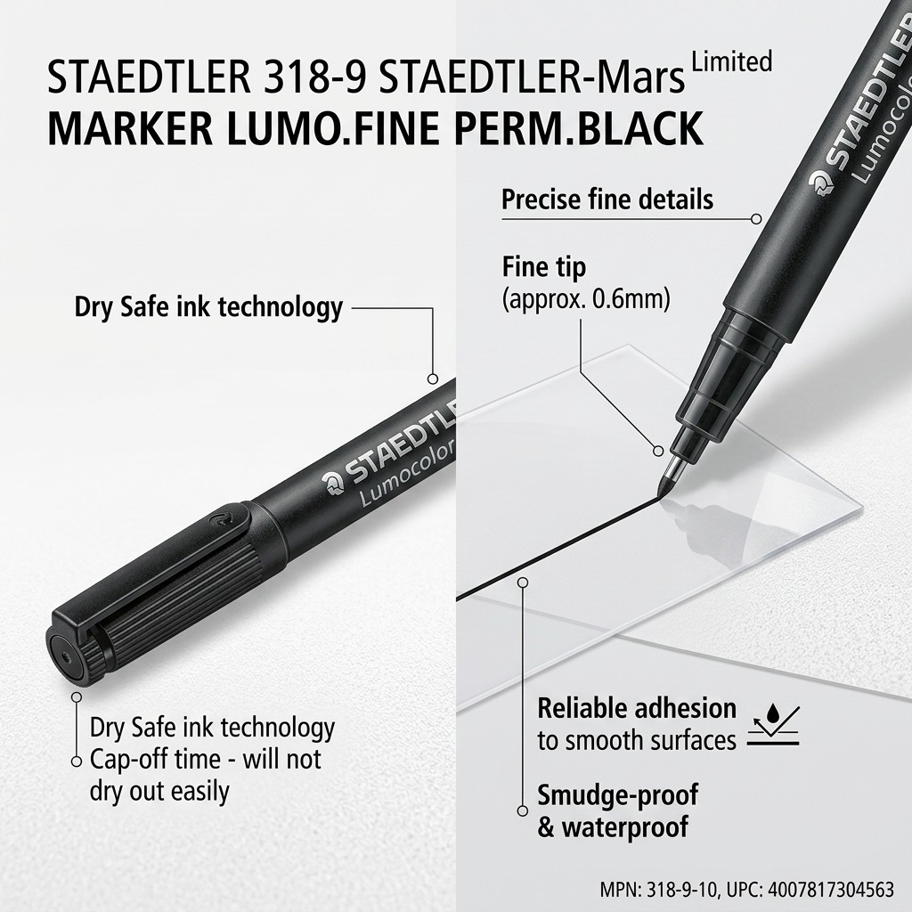 Ecom feature callout graphic for STAEDTLER permanent marker highlighting precise fine tip, dry safe ink, and waterproof performance.