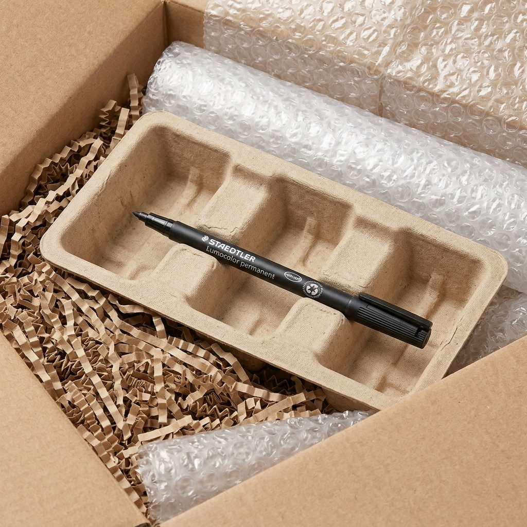 Unboxing shot of a black STAEDTLER permanent marker within secure, eco-friendly shipping protection.