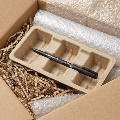 Unboxing shot of a black STAEDTLER permanent marker within secure, eco-friendly shipping protection.