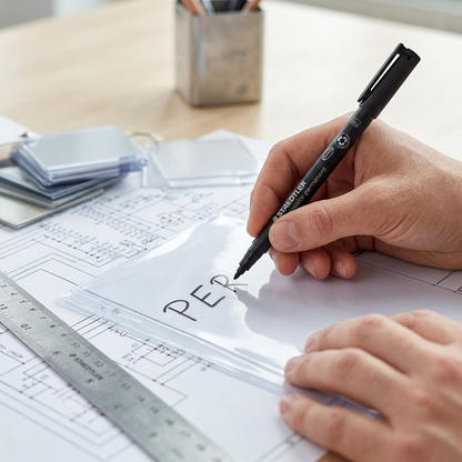 Staedtler permanent black fine-tip marker being used to write on a clear plastic sleeve over a print.