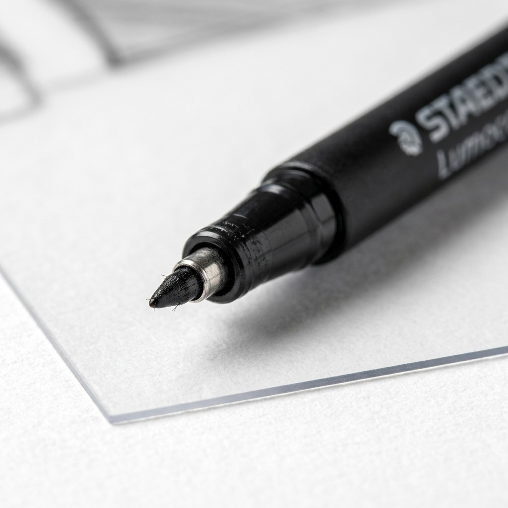 A macro photograph showing the sharp fine-point tip of a black STAEDTLER permanent marker.
