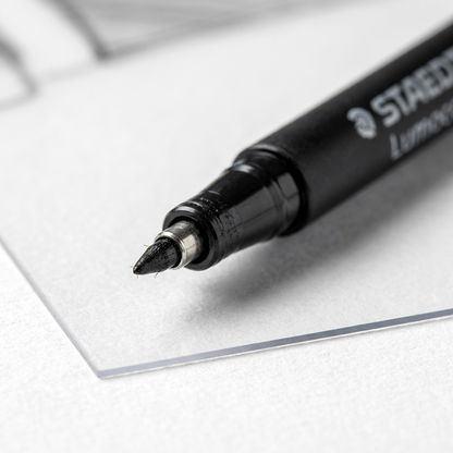 A macro photograph showing the sharp fine-point tip of a black STAEDTLER permanent marker.