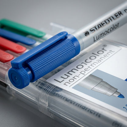 Extreme close-up macro view of the STAEDTLER Lumocolor non-permanent marker tip, cap details, and labels within the 315-WP4 clear case.