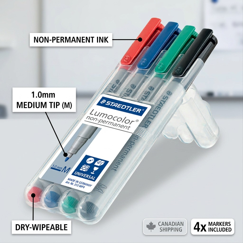 STAEDTLER Lumocolor 4-pack of dry-wipeable, 1.0mm medium-tip red, blue, green, and black markers.