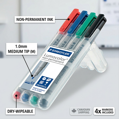 STAEDTLER Lumocolor 4-pack of dry-wipeable, 1.0mm medium-tip red, blue, green, and black markers.