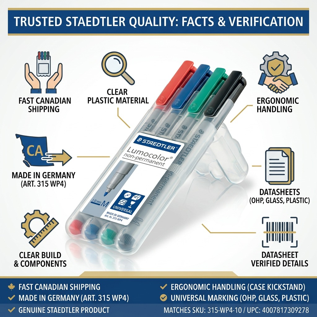 STAEDTLER Lumocolor non-permanent marker set shown with icons and text highlighting reliable build and Canadian shipping.
