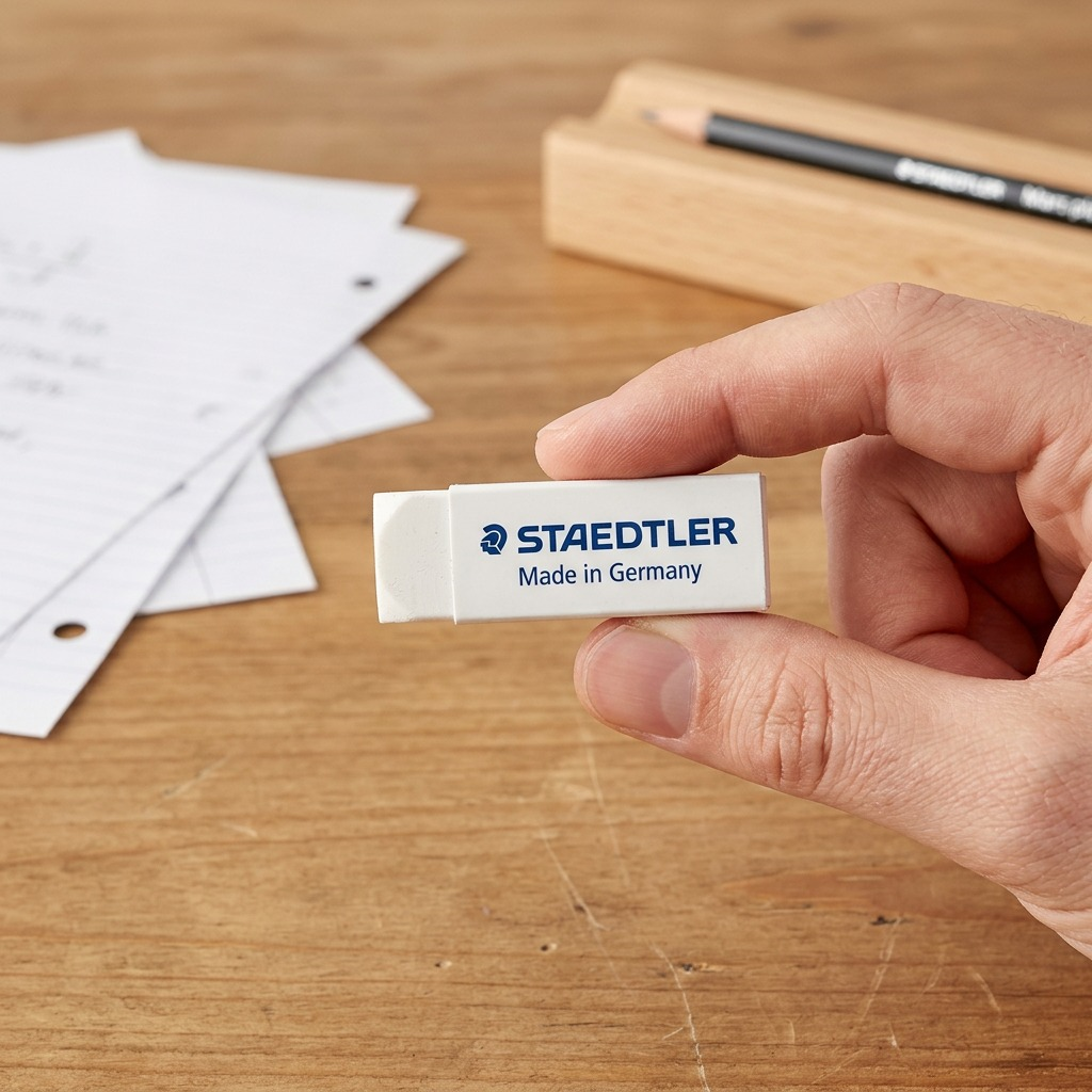 A person is holding a white STAEDTLER Mars plastic refill eraser between their thumb and index finger. The eraser is small relative to the fingers, with the correct blue branding visible. The lighting is bright and clear, set against a blurred desk background. The focus is on the human interaction.
