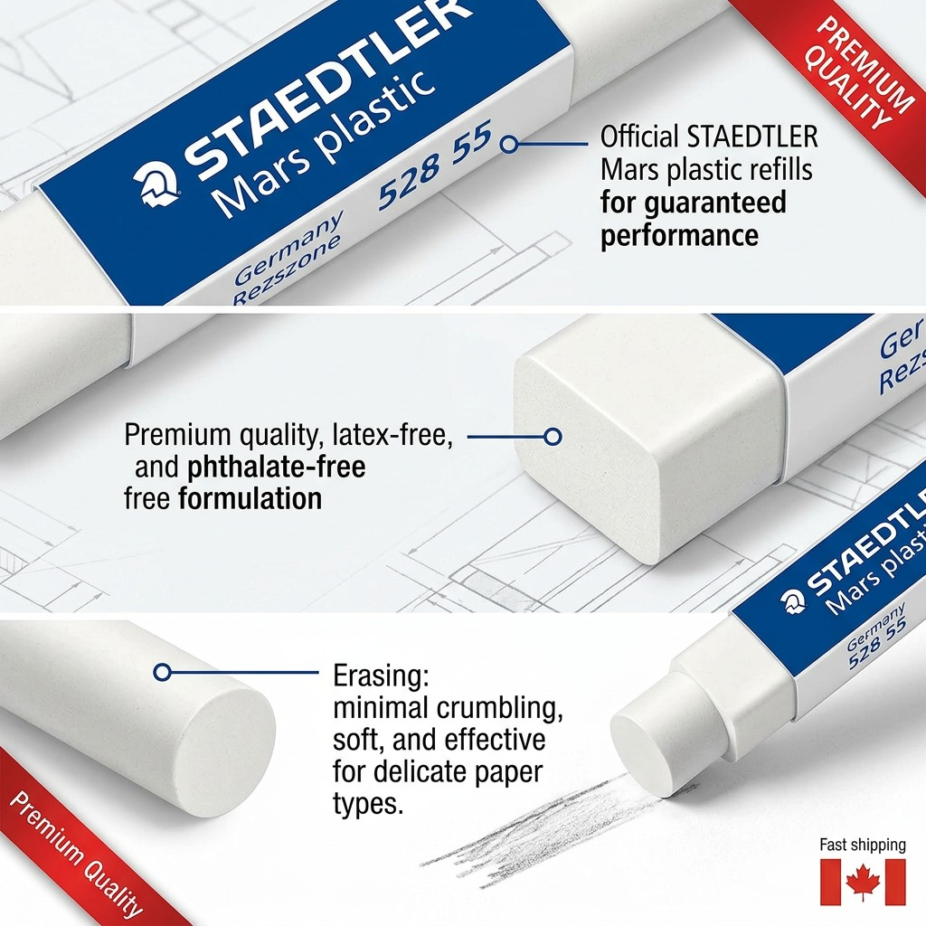 Feature graphic for STAEDTLER Mars plastic refills, detailing composition and performance with sleek close-ups.
