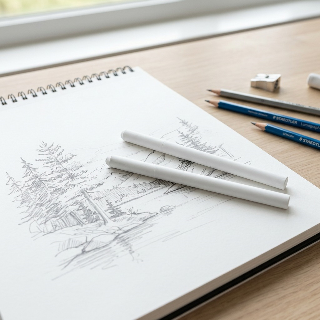 A realistic photo of two white, pen-style STAEDTLER Mars plastic 528 refill erasers on a detailed pencil drawing.