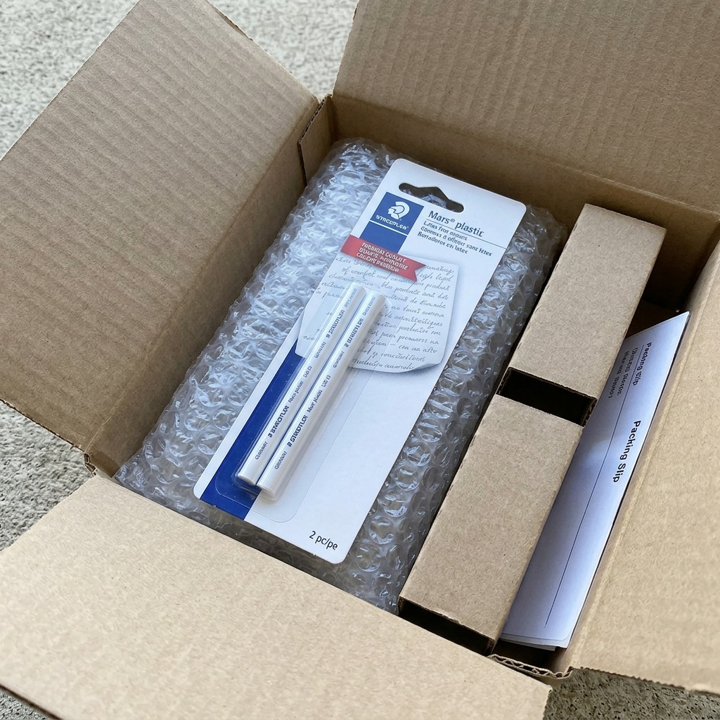 A photographic view of a shipping box with the Staedtler Mars refill erasers safely wrapped in bubble wrap.