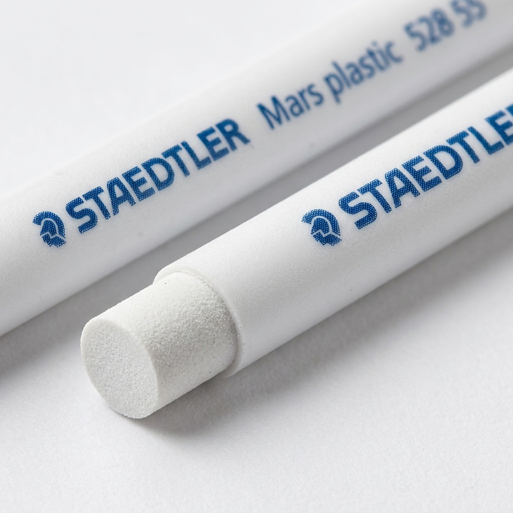 A macro photo focuses tightly on the tip end of one STAEDTLER Mars plastic stick eraser refill. The depth of field isolates the sharp latex-free rubber surface, revealing its fine particle texture. Behind it, the blue "STAEDTLER Mars plastic 528 55" text on the white plastic barrel is clearly printed. Premium lighting emphasizes textures.