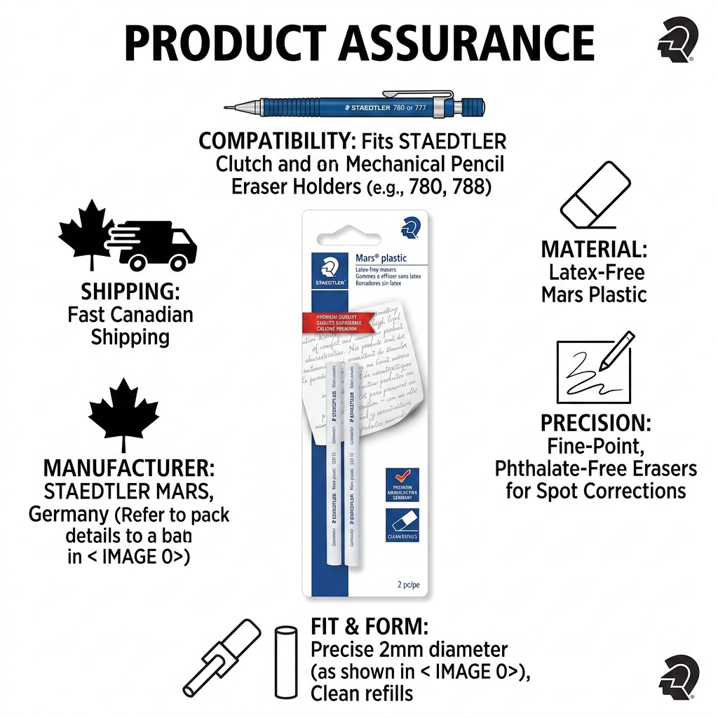 Infographic matrix for STAEDTLER Mars plastic erasers, showing product with icons for compatibility, material, precision, and Canadian shipping.