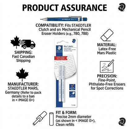Infographic matrix for STAEDTLER Mars plastic erasers, showing product with icons for compatibility, material, precision, and Canadian shipping.
