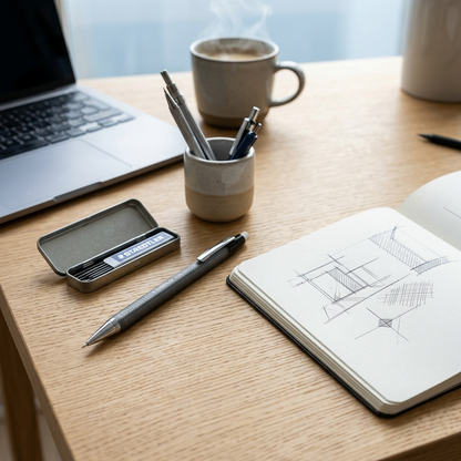 A STAEDTLER mechanical pencil on a desk next to an open notebook and lead leads box.