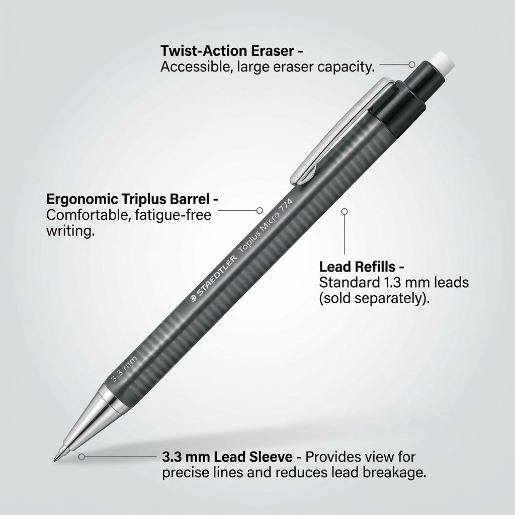 A focused product image featuring callouts on the Staedtler Triplus Micro 774: Twist-Action Eraser, Ergonomic Barrel, and 3.3mm sleeve.