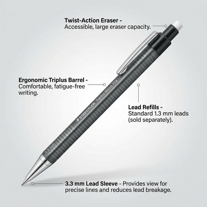 A focused product image featuring callouts on the Staedtler Triplus Micro 774: Twist-Action Eraser, Ergonomic Barrel, and 3.3mm sleeve.