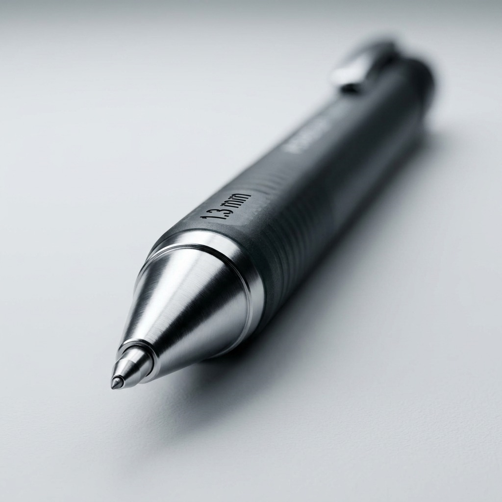 Macro detail focusing on the 1.3mm pencil tip and metallic cone, showing material texture and lead diameter.