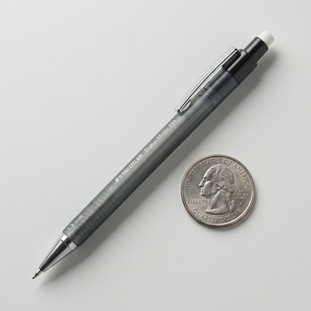 A photo of the 3.251.3 pencil on a desk beside a coffee mug, showing its true size.