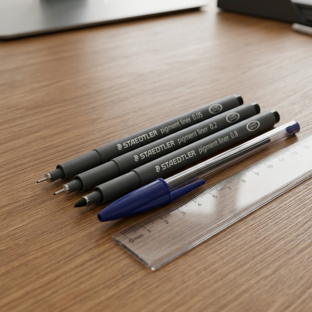 Three grey Staedtler pigment liner pens shown with a standard ruler to indicate actual size.